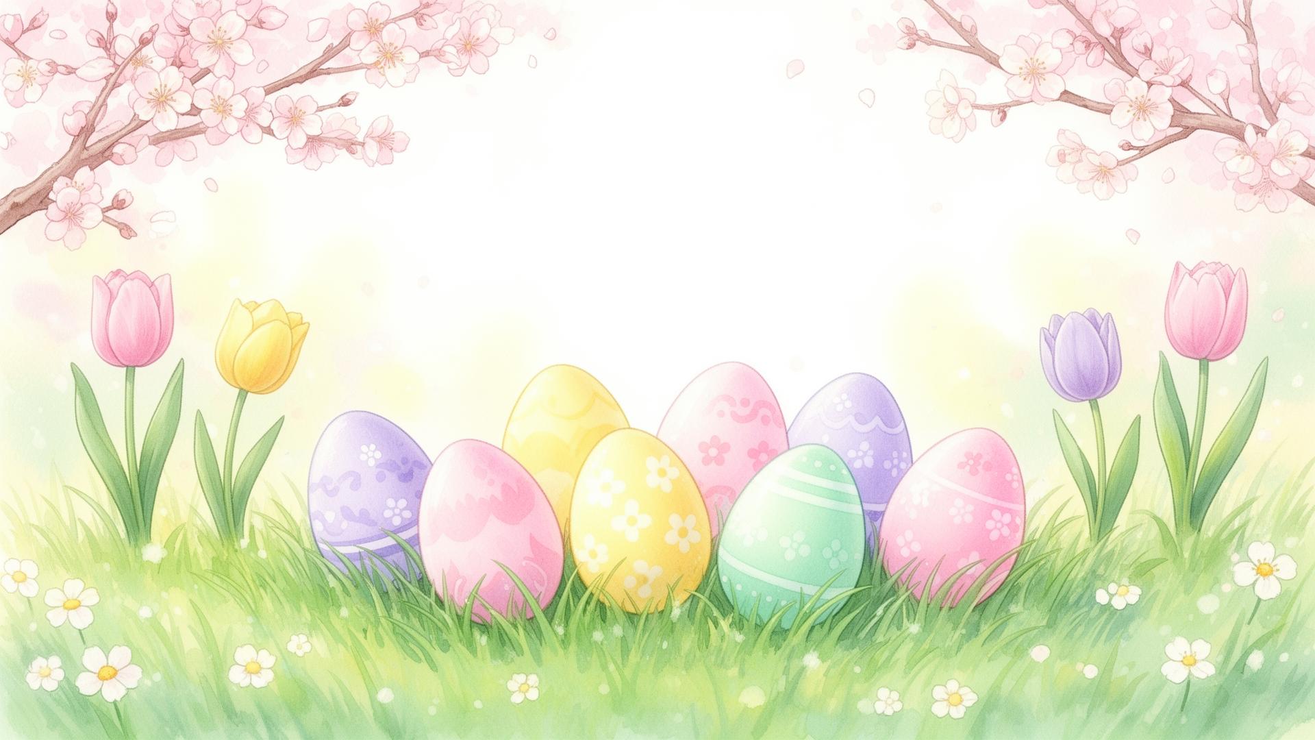Pastel Easter eggs nestled in spring grass with cherry blossoms